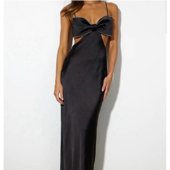 HELLO MOLLY Satin Bow Maxi Dress ‘All the Likes’ Black Size M Wedding Rhinestone - Picture 1 of 14